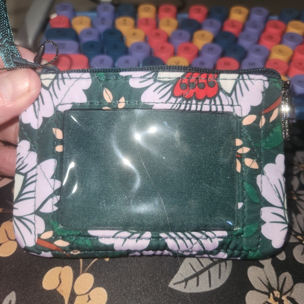 Vera Bradley Zip ID Case Quilted Floral Green Pink Wallet Card Holder Keychain